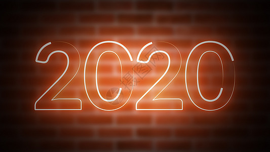 2020 年新年霓虹灯在砖砌计算机生成的背景下 3d 渲染的新年庆祝活动 问候语 刻字图片