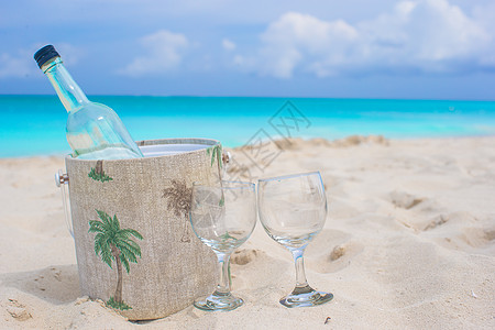 沙沙滩上一瓶酒和两杯玻璃杯 浪漫 女士 太阳图片