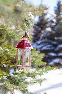 圣诞灯笼上挂着雪花 挂在树枝上 降雪 圣诞节 冷杉图片