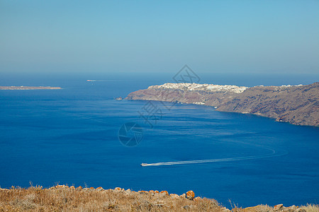 希腊圣托里尼展望希腊岛的海洋和火山背景