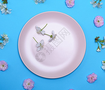 蓝色背景上空的圆形陶瓷粉色盘子图片