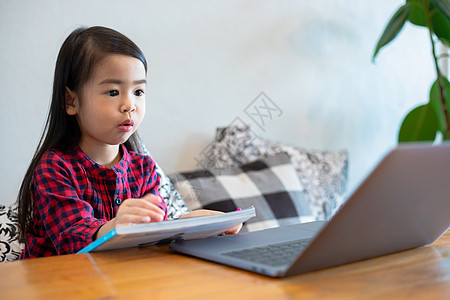 亚洲女孩或女儿在学校放假期间使用笔记本和技术进行在线学习 并在家观看卡通片 家庭的教育理念和活动图片
