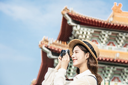 亚洲亚洲摄影庙宇的亚洲女性旅行女游客 微笑图片
