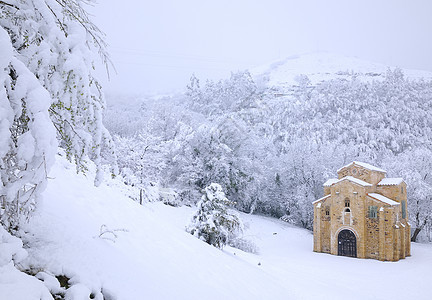 在雪林中废弃的建筑图片