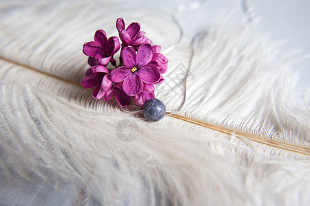 由天然石制成的领带 银装饰品 紫紫紫色花朵 在白食性羽毛上 假期 花束图片