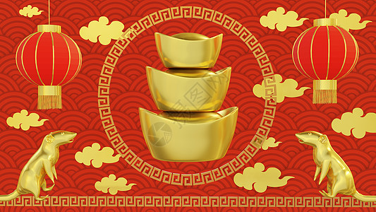 中国新年贺卡 鼠年 金色和红色的装饰品 3D 风格设计 节日横幅模板装饰元素的概念 卡片 亚洲背景图片