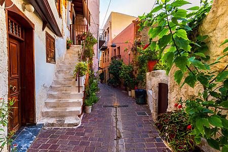 希腊群岛迷人的街道 克里特 旧城中的街道 石头 人行道图片