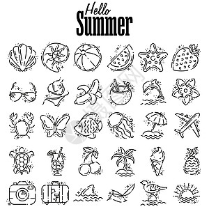 浅线图标集为夏季和海滩 大纲符号收藏图片