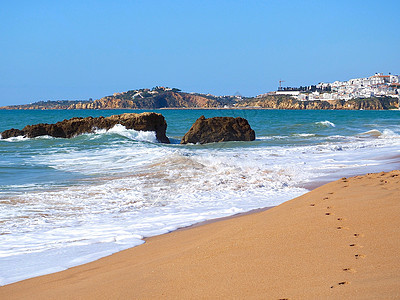 在葡萄牙阿尔布费拉的美好长沙滩 水 风景 蓝色的图片