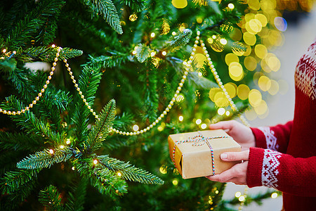 握着圣诞礼物的妇女手 圣诞树 惊喜 花环 新年 女性图片