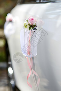 用粉红玫瑰装饰的婚礼车图片
