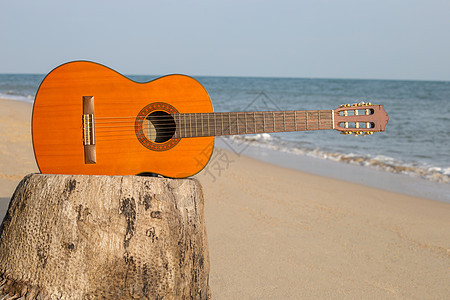 在美丽的夏天 吉他在沙滩上 节日 水 海图片