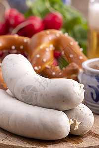 巴伐利亚白香肠 肉 盘子 蓝色的 小牛 小吃 餐具 慕尼黑啤酒节图片