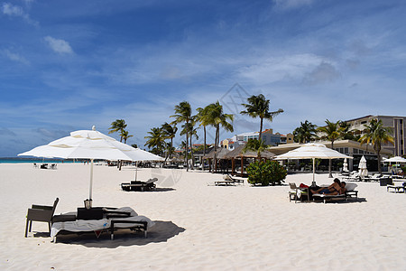 阿鲁巴海滩的全景 以白沙 棕榈树和绿绿水闻名 巴哈马 牙买加图片