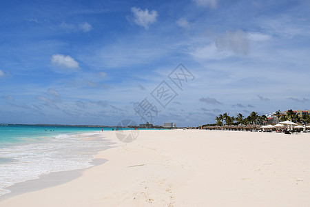 阿鲁巴海滩的全景 以白沙 棕榈树和绿绿水闻名 支撑 假期图片