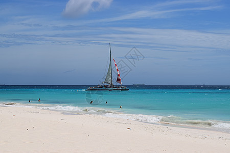 阿鲁巴海滩的全景 以白沙 棕榈树和绿绿水闻名 牙买加 海洋图片
