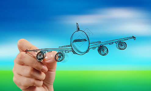 手绘飞机在模糊的蓝天背景上 货物 画 乘客 旅行图片