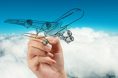 蓝天背景下的手绘飞机 空气 湍流 技术 乘客 喷射图片