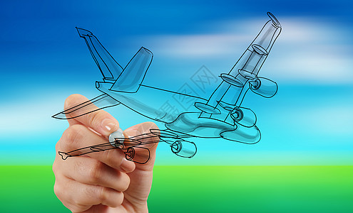 手绘飞机在模糊的蓝天背景上 航空 齿轮 航班 座舱图片