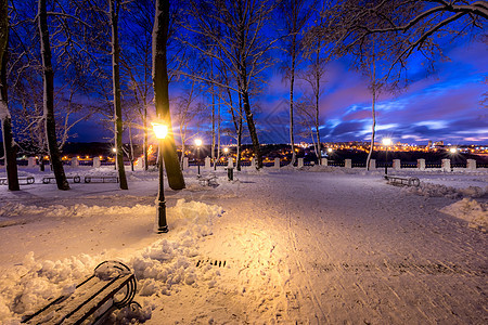 夜间冬季公园 有圣诞节装饰品 灯光 人行道和树木覆盖霜冻 雪 镇图片