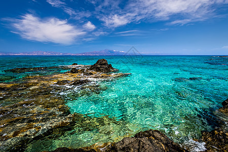 克丽丝西岛海岸 在阳光明媚的夏日 有松黄的海水 希腊克里特 美丽的 海滩图片