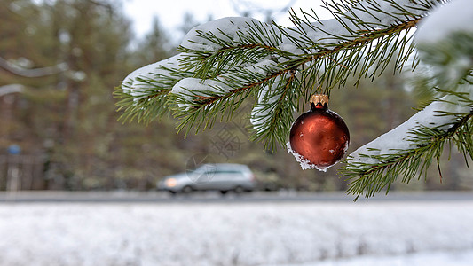 雪上的红圣诞舞会覆盖着公路旁边的法尔支部 车辆 驾驶图片