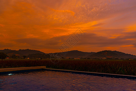 从游泳池到稻田和山地的景象中看 在热带地区有超常的橙色炎热日落 水池 海岸图片