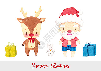 可爱的圣诞老人 驯鹿 猫和礼品盒 冬季 圣诞节 新年节日广告装饰用卡通人物水彩手绘 在白色背景上隔离 剪切路径 动物 盒子图片