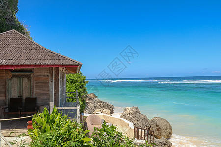 热带海海滩平房景观 热带海滩场面的海滩平房 热带平房沙滩全景 放松 蓝色的图片