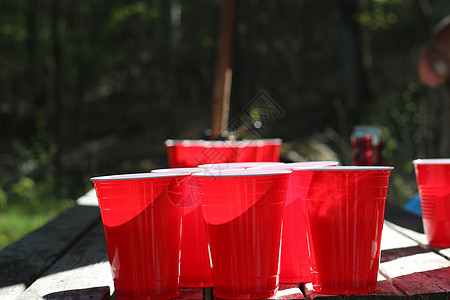 外面野餐桌上摆放的啤酒海绵杯 乐趣 网球 宿醉图片