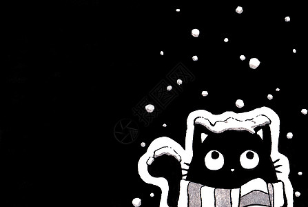 一只黑猫系着围巾 瞥了一眼头上飘落的雪花 卡通人物黑色水墨手绘装饰冬季 圣诞节 新年节日和宠物艺术品广告图片