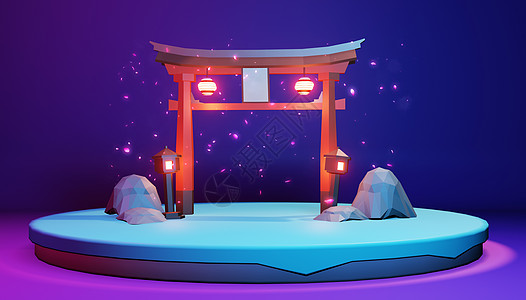 低波聚-以紫蓝色背景3D红色在岛上的日本人 快乐的 晴天图片