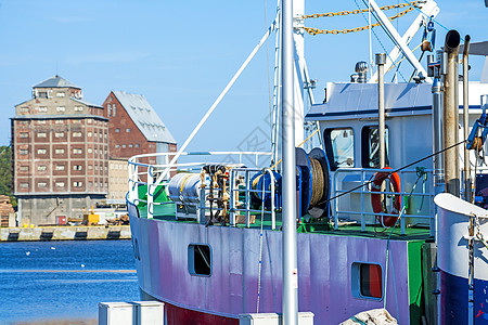 波兰科洛布扎格渔业港 贮存 波罗的海 蓝色的 房子图片