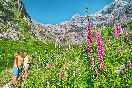 新西兰游客在夏季公路旅行中用相机手机在羽扇豆花山背景下自拍 快乐的露营夫妇在新西兰散步在大自然中拍照图片