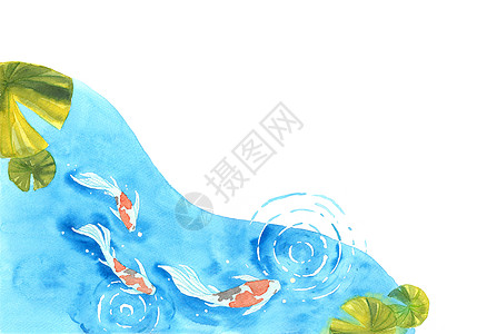 池塘中美丽而色彩鲜艳的锦鲤鱼的框架 用于墙纸 封面 模板 明信片 海报装饰的水彩手绘 好运和繁荣的象征 日本 海浪图片