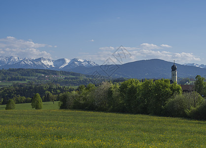 巴伐利亚阿尔卑斯山美丽的春天乡村山景 背景是教堂村和白雪覆盖的山峰地块 德国巴伐利亚图片