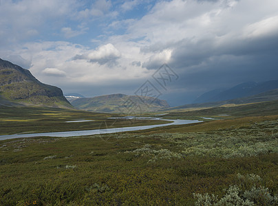 美丽的野生拉普兰自然景观 有蓝色冰川河流 白杨树丛 雪盖山峰和戏剧性云层 瑞典北部Kungsleden远足小道的夏季瑞典北部 欧图片