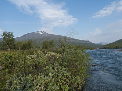 美丽的拉普兰野生自然景观 有蓝色的河 Kaitumjaure 白桦林和山 瑞典北部的夏天在远足径 蓝天背景 太阳 雪图片