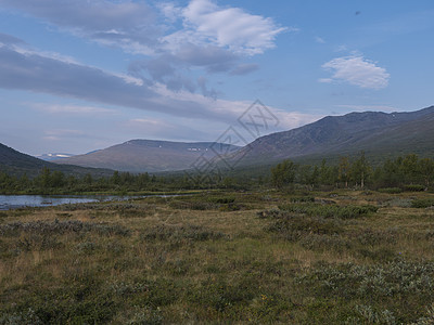 美丽的拉普兰野生自然景观 有蓝色的河 Kaitumjaure 白桦林和山 瑞典北部的夏天在远足径 蓝天背景 公园 爬坡道图片