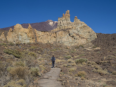 旅游者在著名的皮托雷斯克岩层周围的小路上徒步 欣赏西班牙最高的皮科德尔泰德火山 清澈的蓝天背景图片