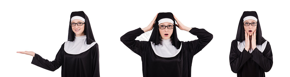 年轻修女孤立在白色背景上 女孩 裙子 宗教 精神图片