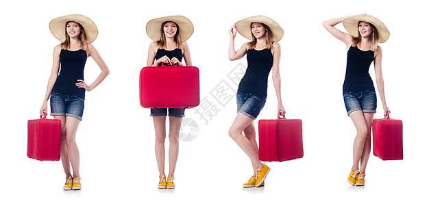 身着西装 准备暑假的妇女 帽子 旅行 树干 旅游图片