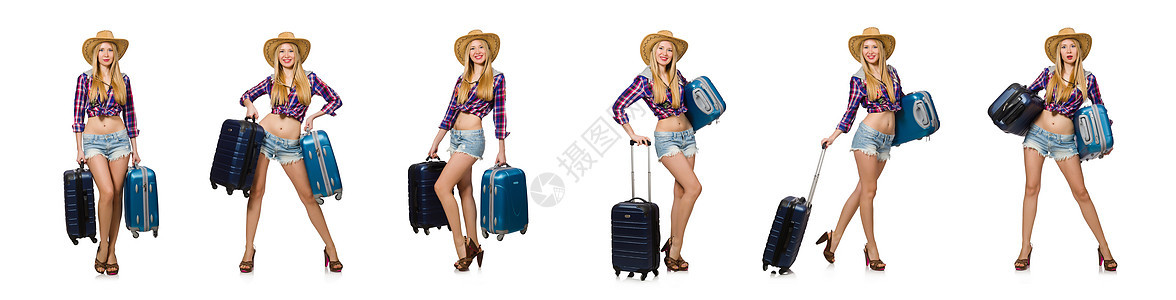 旅行假期概念和白色行李的行李 飞机场 牛仔布 衣服图片
