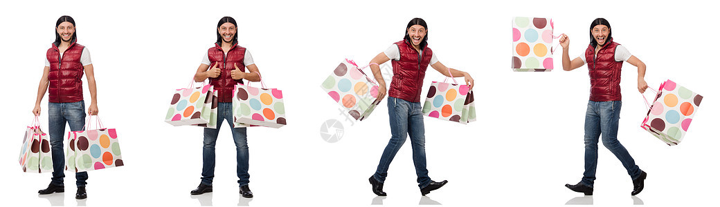 男人用白纸上孤立的购物袋 笑 包 展示 奢华图片