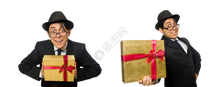带白色礼物盒的有趣男人 丝带 帽子 庆典 乐趣图片