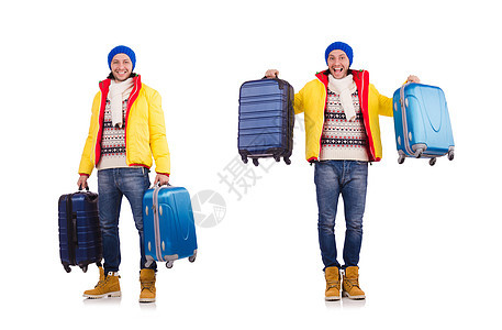 准备过冬假的男子 背包 衣服 温暖的 商业 手提箱图片