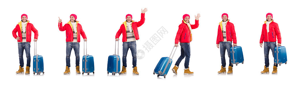 准备过冬假的男子 手提箱 包 津贴 背包图片