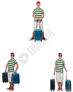 带手提箱的年轻人在白色上被隔离 乐趣 姿势 包图片