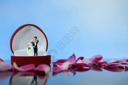 红白蛋糕微型摄影户外婚礼概念 新娘和新郎站在红白玫瑰花堆上打开的戒指盒上方 蛋糕 夫妻背景