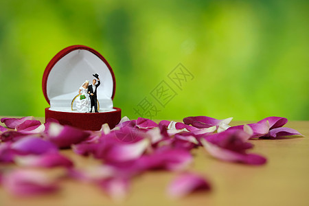 小型摄影   户外花园婚礼仪式概念 新娘和新郎站在红玫瑰花堆中间的环形盒子上方 浪漫图片